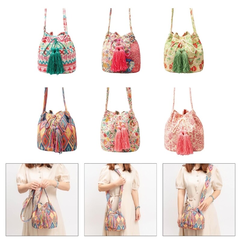 Women Drawstring Bucket Bag Retro Handbag Printed Bag Shoulder Bag Crossbody Bag