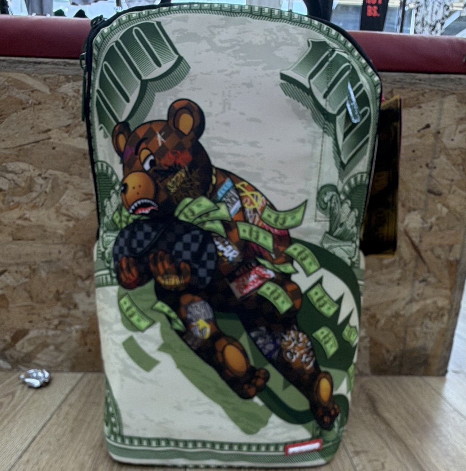 Sprayground Limited Edition Money Bear Graphic Print Backpack Zip Green Beige