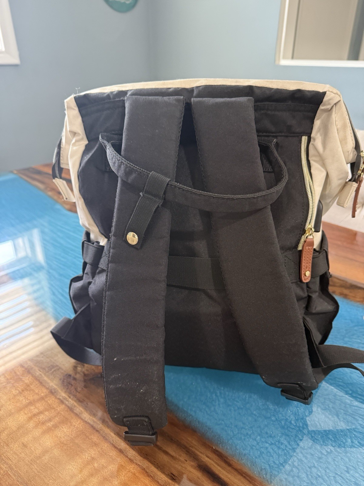 Lovevook Beige/Black Striped Backpack Zip Closure Top Handle Adjustable Strap