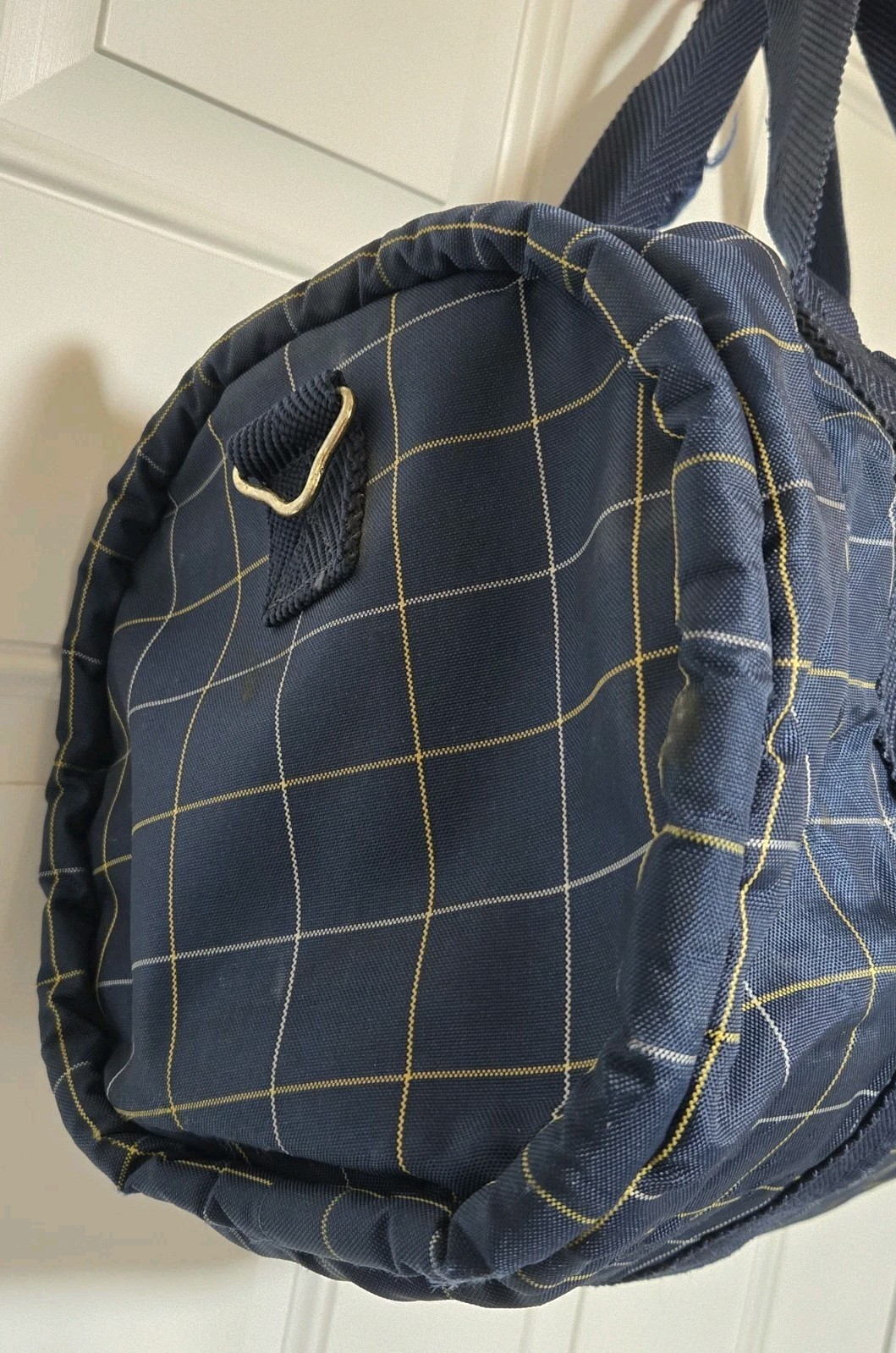 Oxford Blue Plaid Duffle Bag Vintage Polyester / Nylon 22″x13″x9.5″ St J Patch