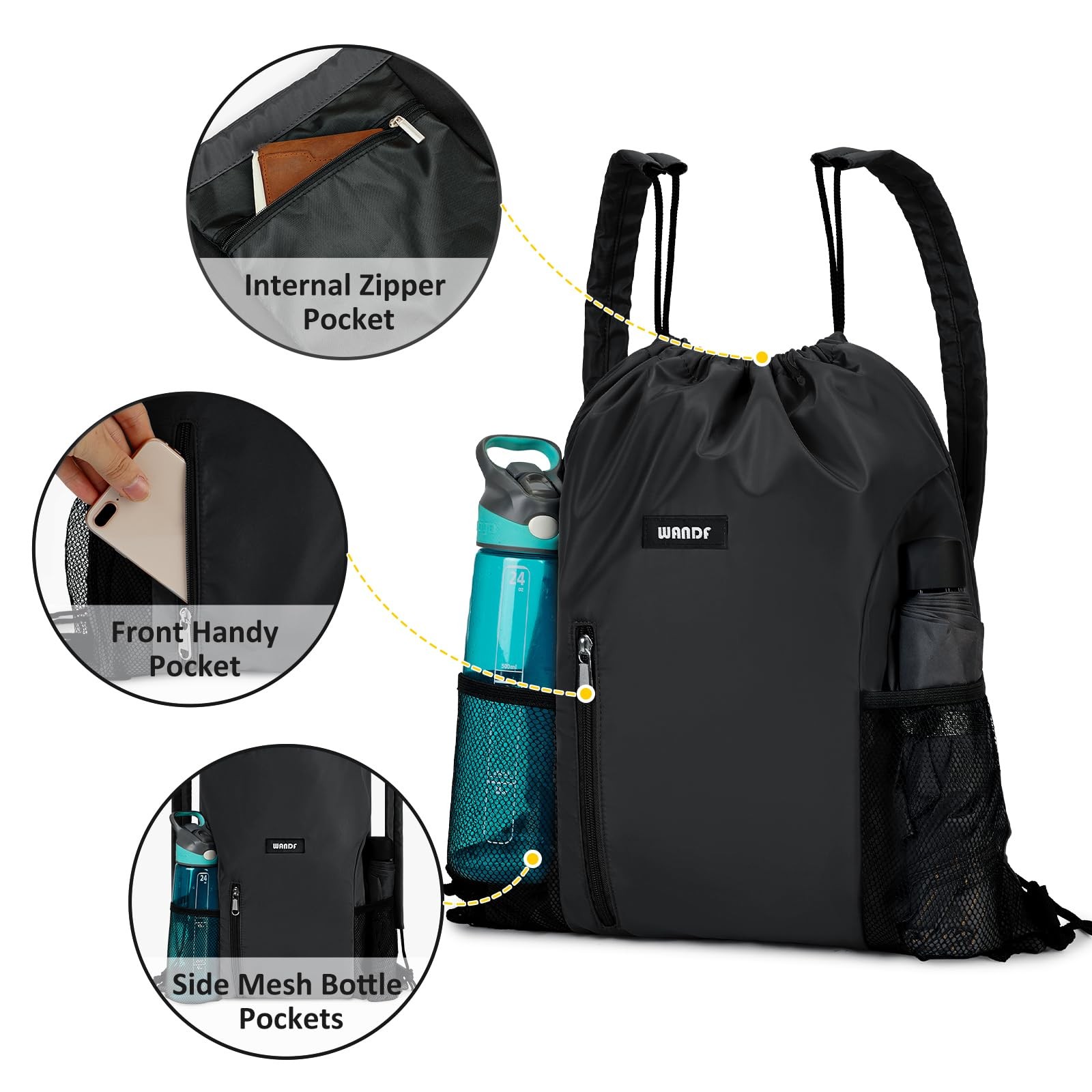 Drawstring Backpack with Shoulder Pad Sports Gym Backpack with Mesh Pocket Black