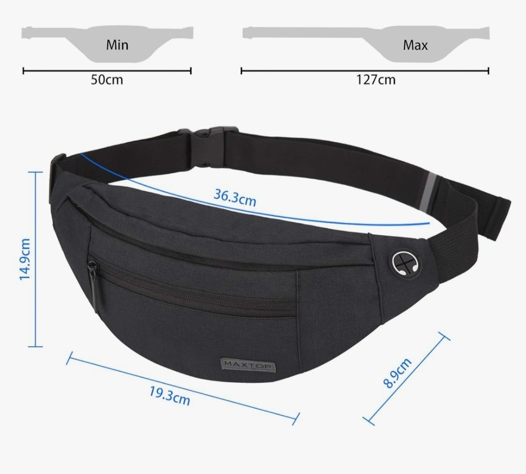 Crossbody Adjustable Belt Bag Hesdphone Jack 4 Zipper Pockets Reflective
