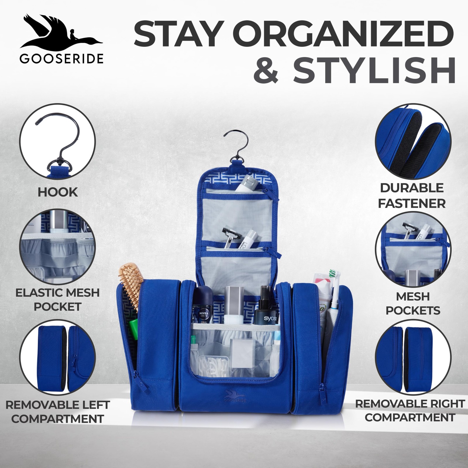GOOSERIDE Travel Toiletry Bag for Women and Men – Hanging Cosmetic Royal Blue