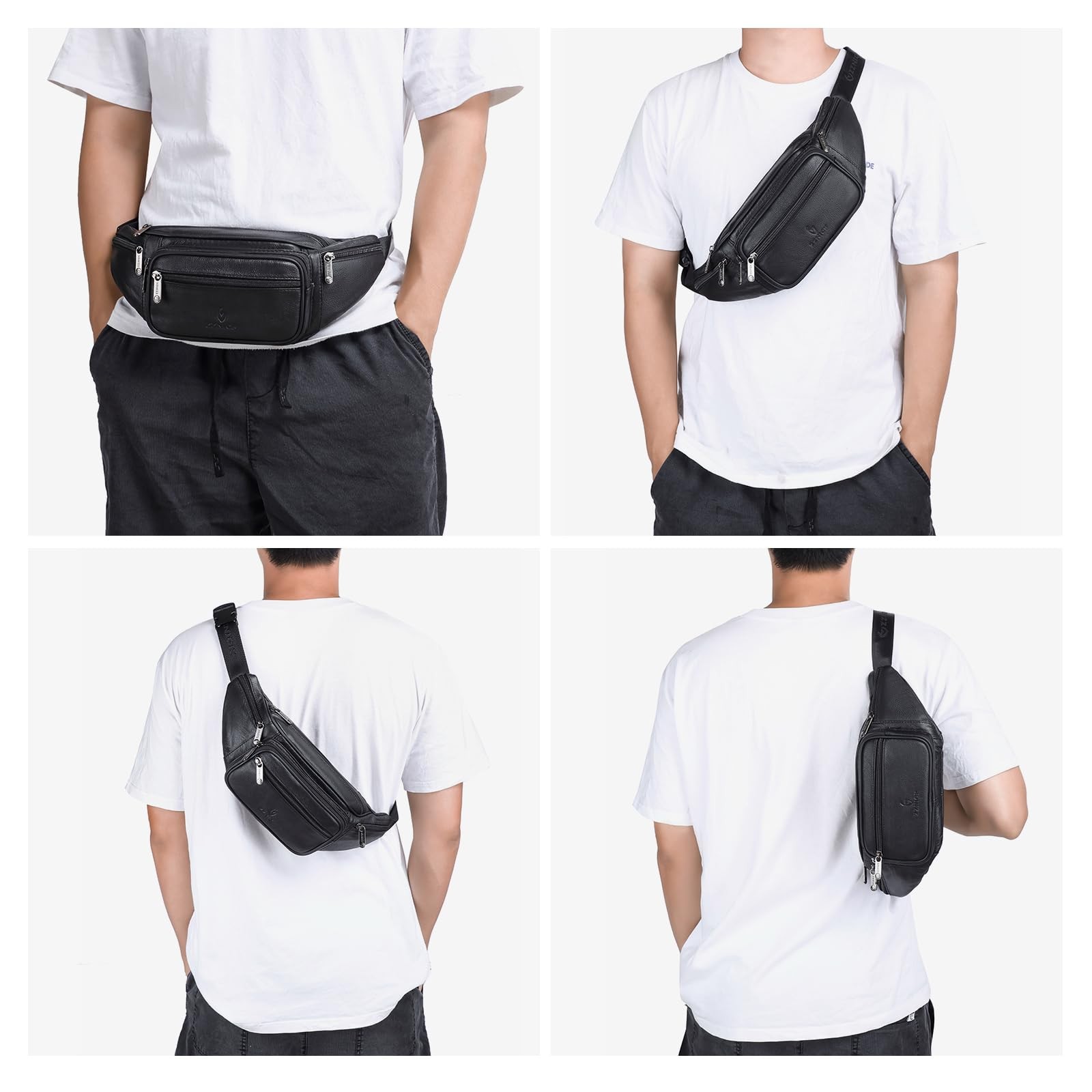 ZZNICK Genuine Leather Fanny Pack/Waist 14 x 2.5 x 5 inches, Black-861 Medium