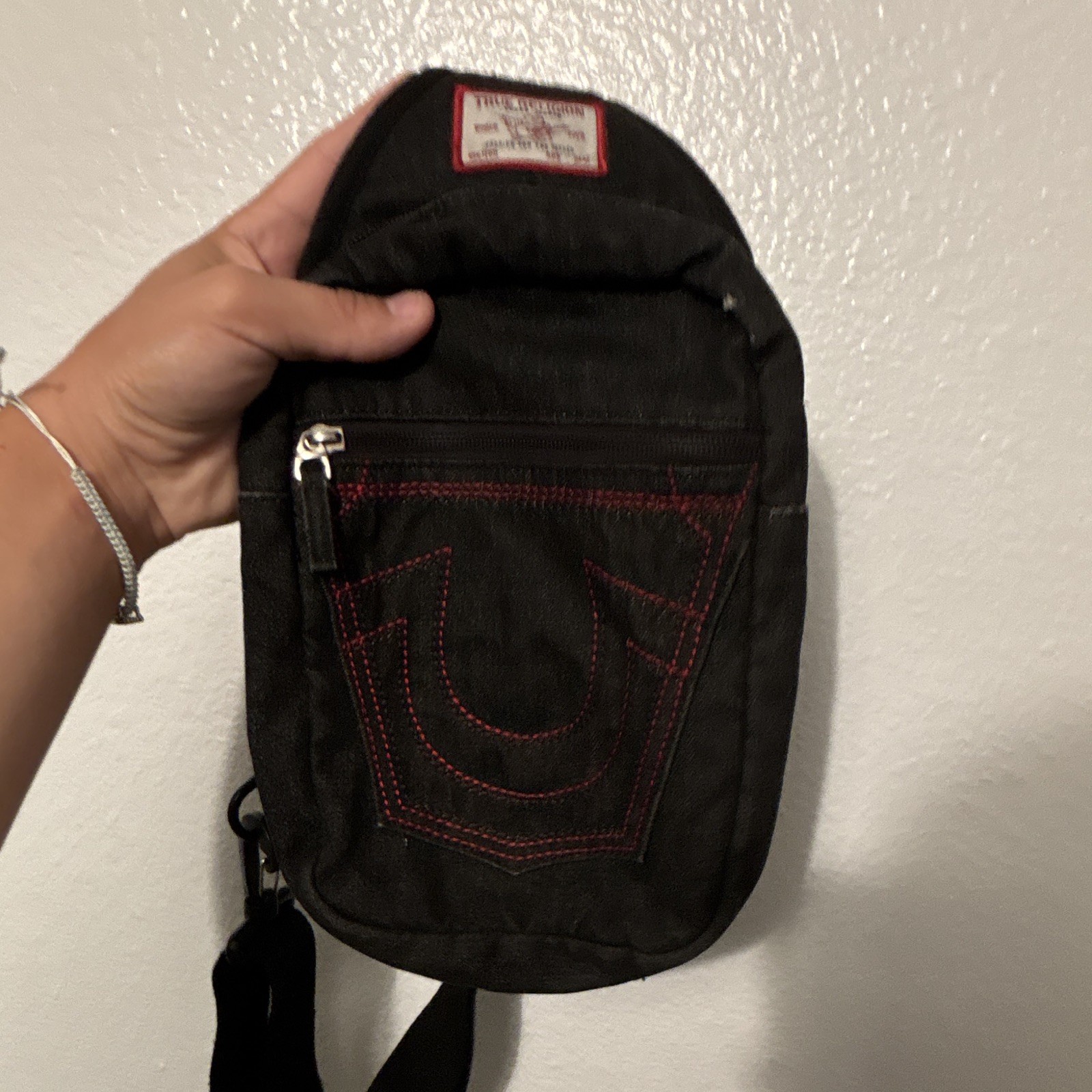 True Religion Small Black Crossbody Sling Bag Red Stitching Zip Pockets