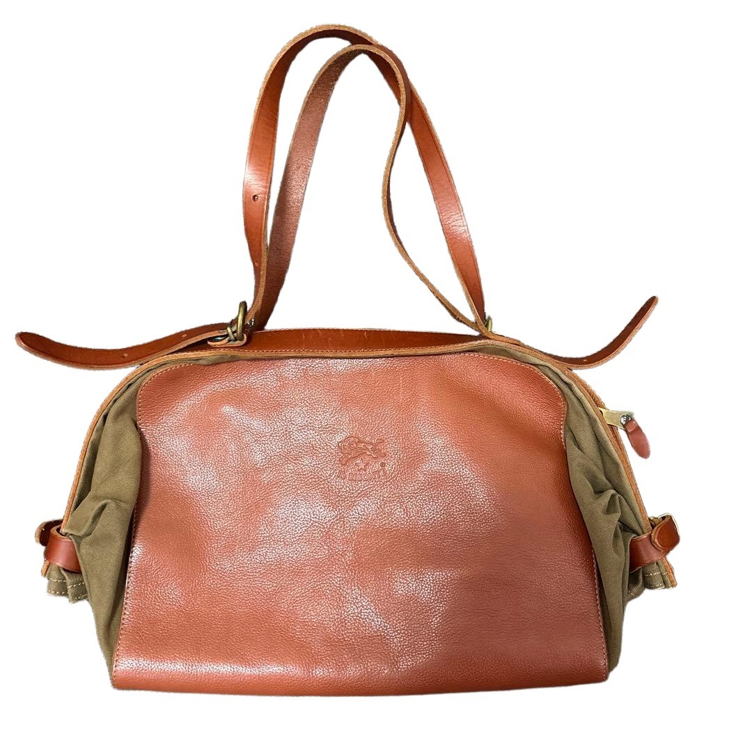 IL BISONTE Leather Canvas Candy Bag Brown Khaki 17cm Depth
