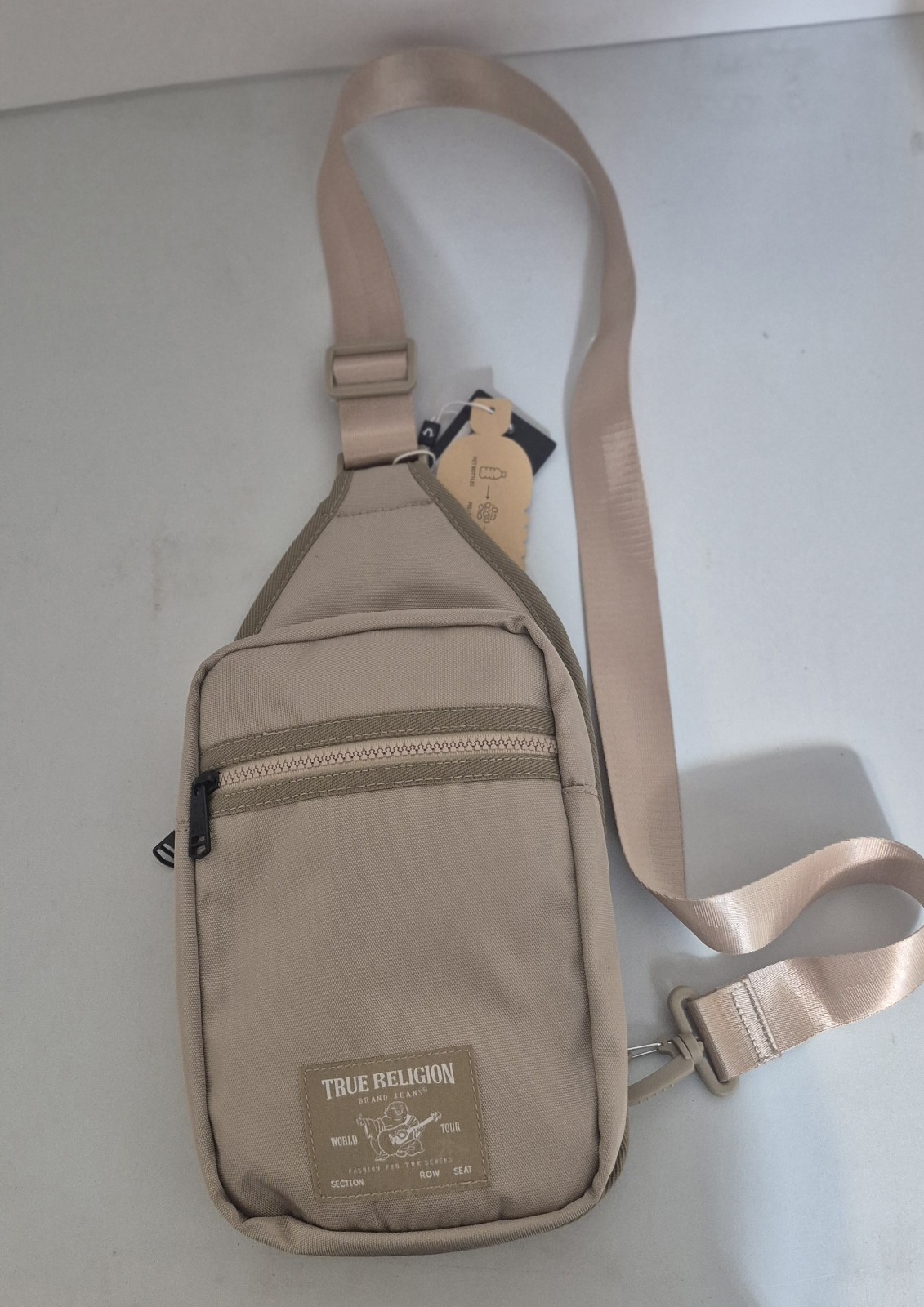 True Religion Unisex BEIGE 2 Sling Crossbody Adjustable Strap Bag NEW