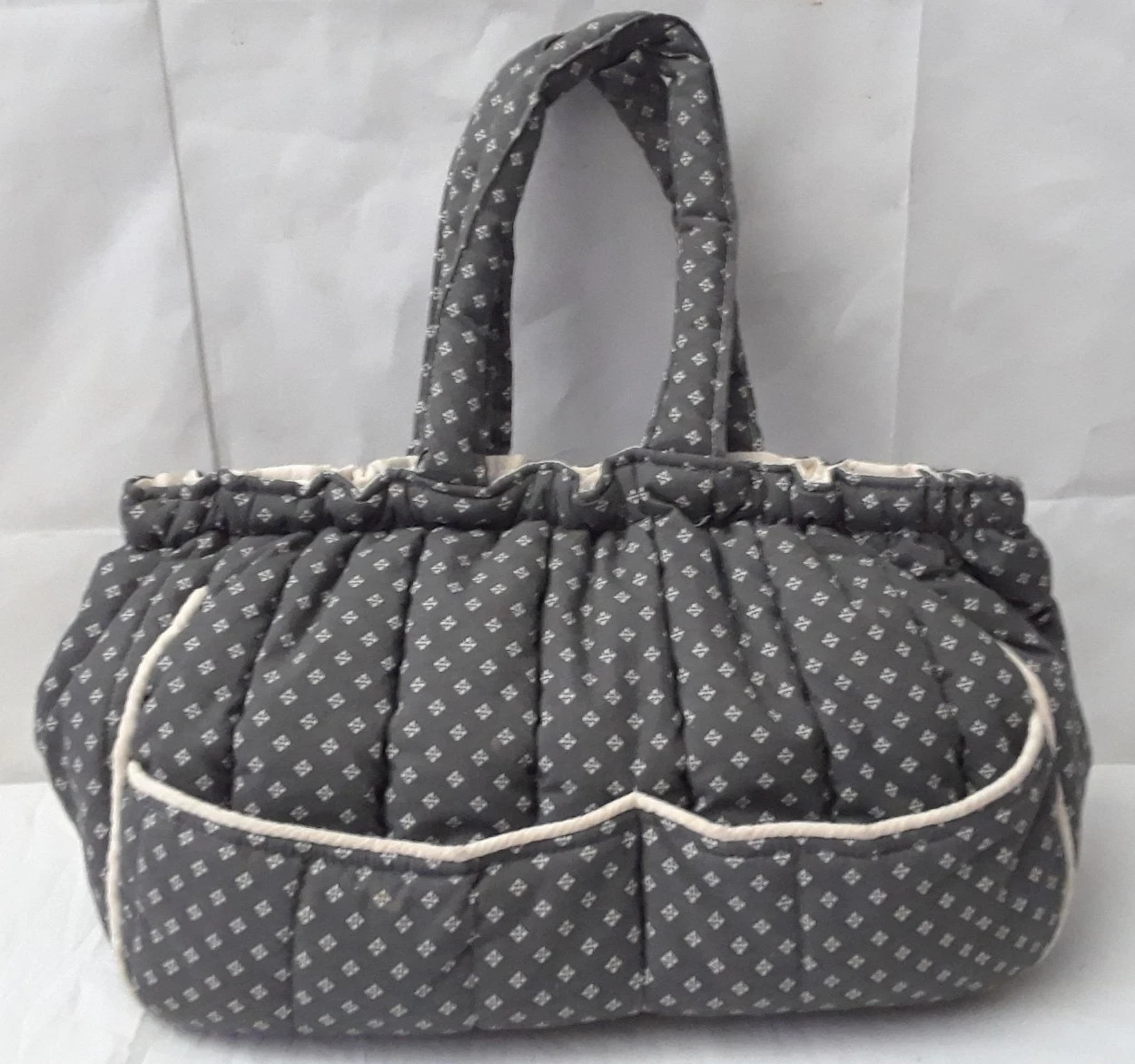 Gray Fabric Shoulder Tote Bag Quilted Double Straps Pockets Inside & Out