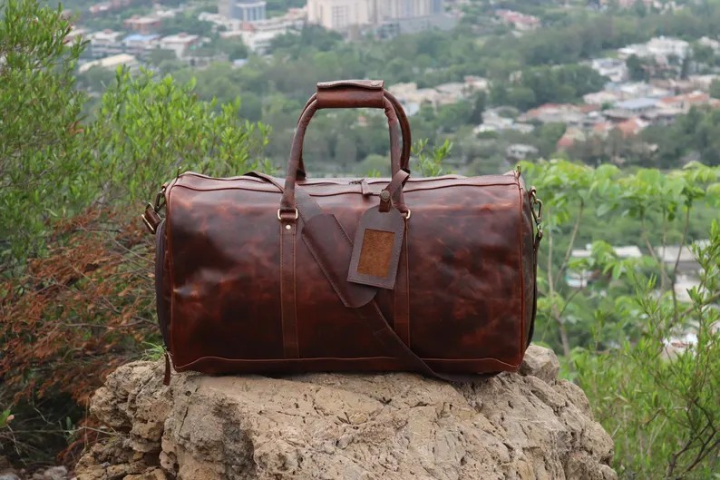 Buffalo Leather Duffle Bag| Genuine leather weekender bag brown| Leather holdall