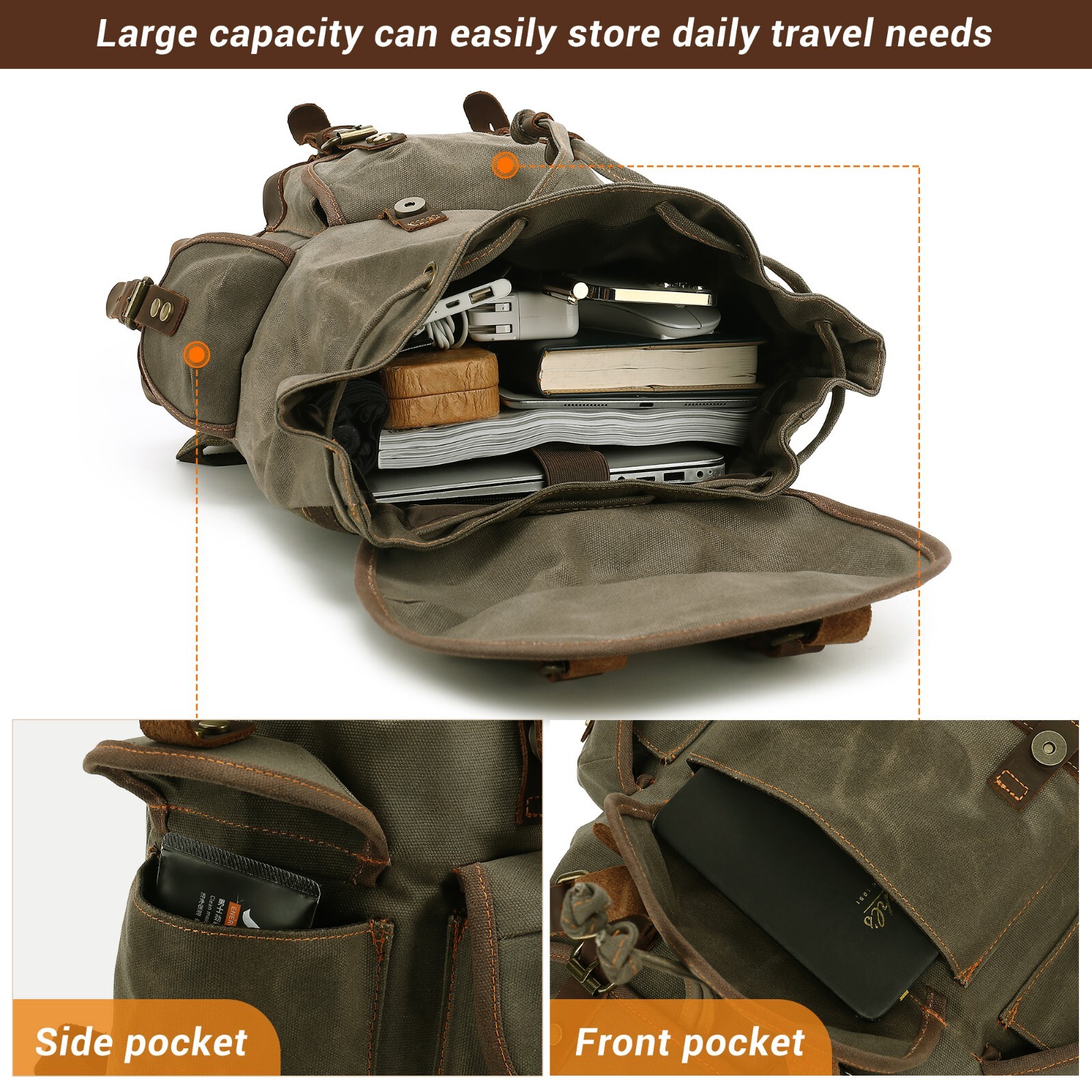 HuaChen Waxed Canvas Leather Backpack Travel Hiking Rucksack Camping School Bag