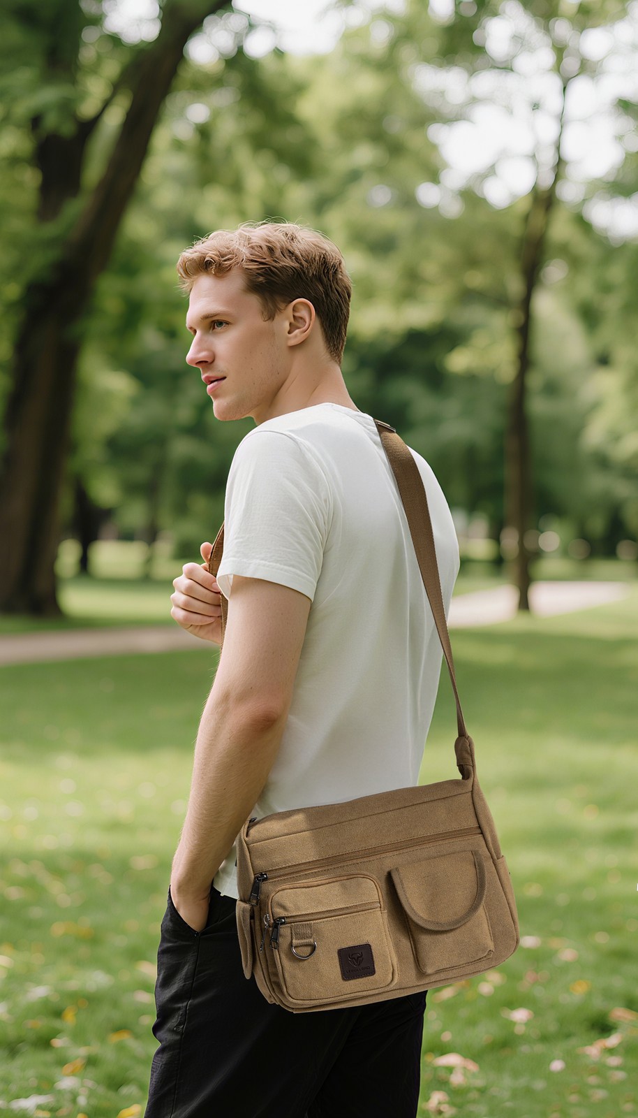 Men Vintage Canvas Crossbody Bag Multi Pocket Messenger Shoulder Bag Work Travel