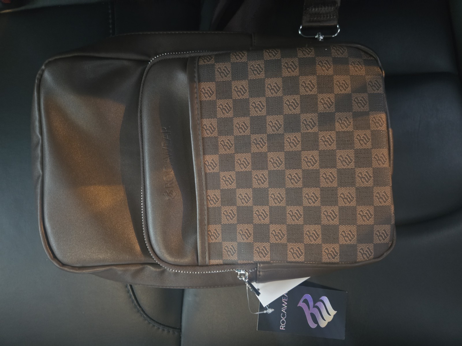 Rocawear Brown Checkered Crossbody Bag Zip Closure Adjustable Strap Travel