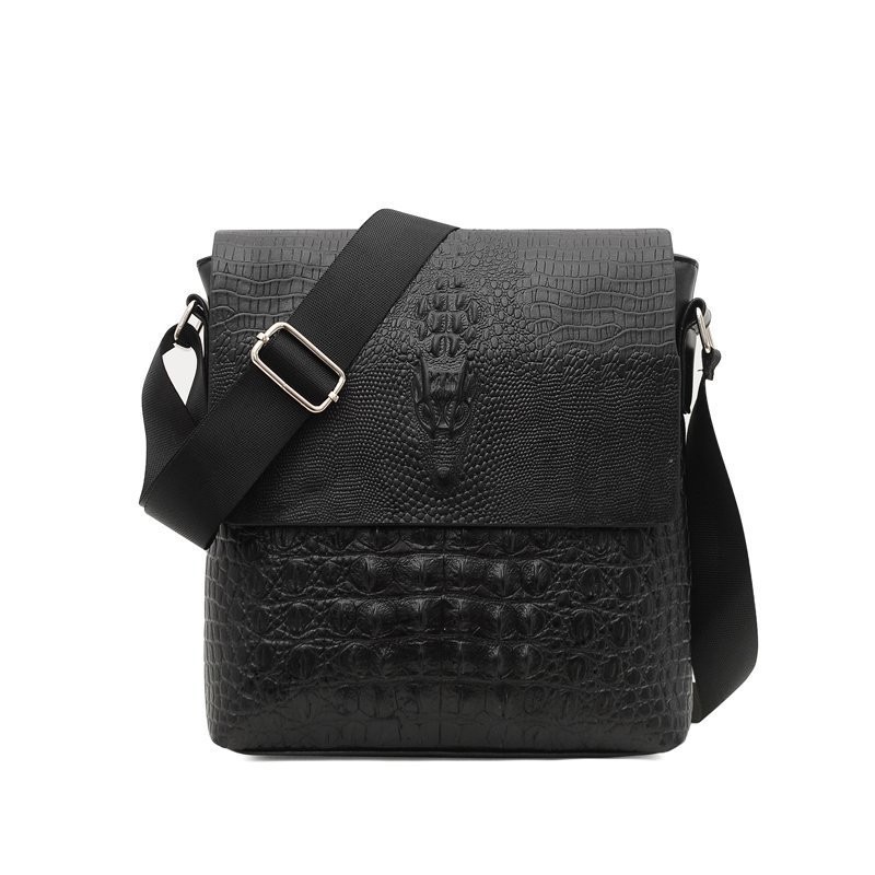 Men’s Black Crocodile Leather Crossbody Bag – 10″ Sling Shoulder Messenger Bag