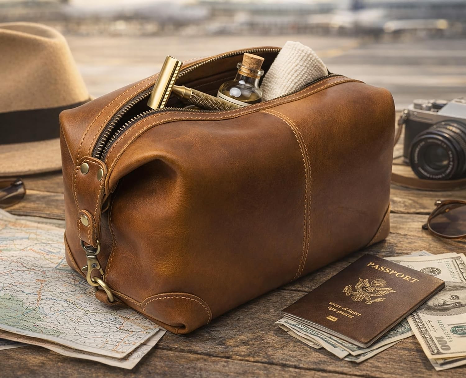 Full Grain Leather Toiletry Bag for Men Women Handcrafted Travel Case Genuine