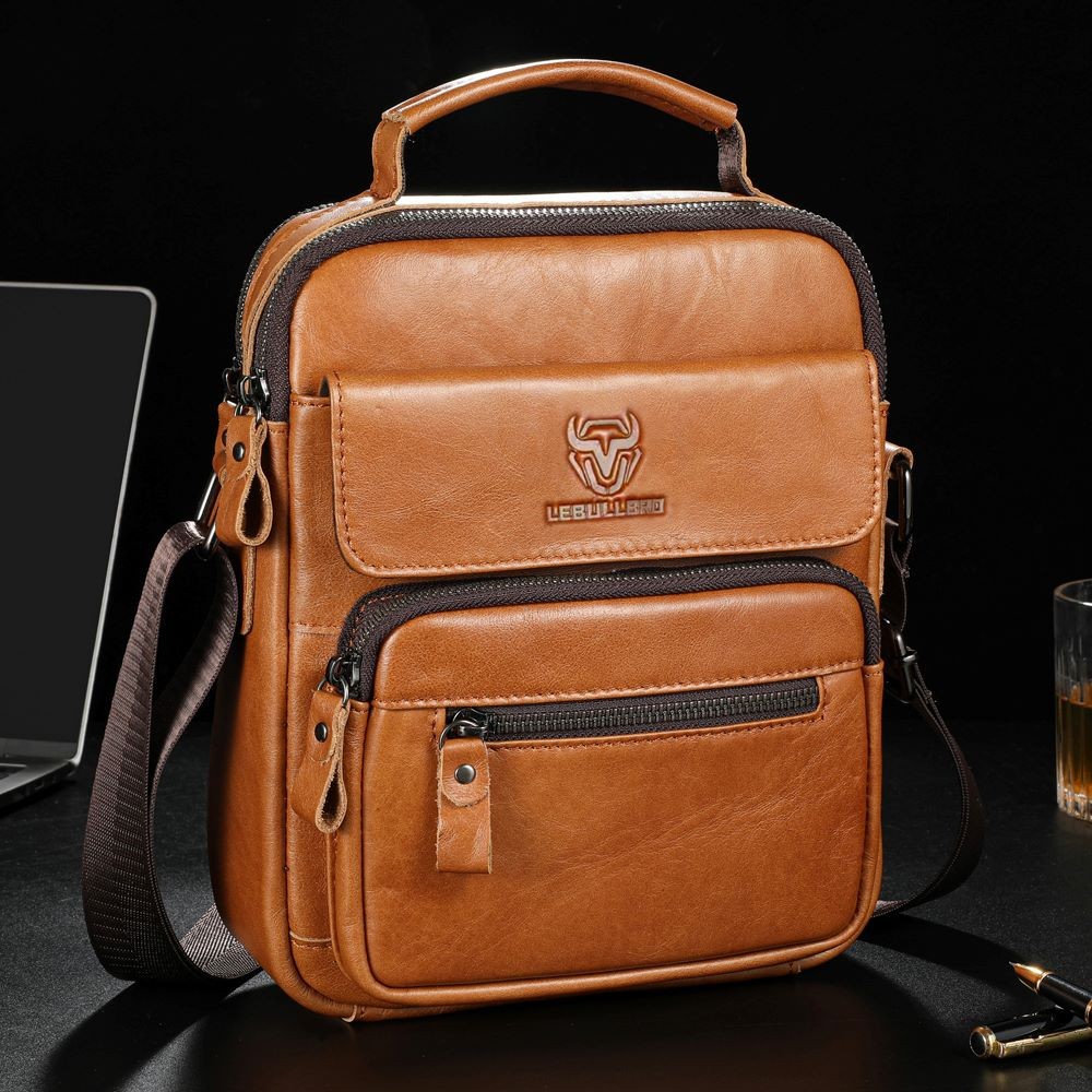 LEBULLBRO Mens Cowhide Leather Sling Bag Shoulder Crossbody Bags Business Bag