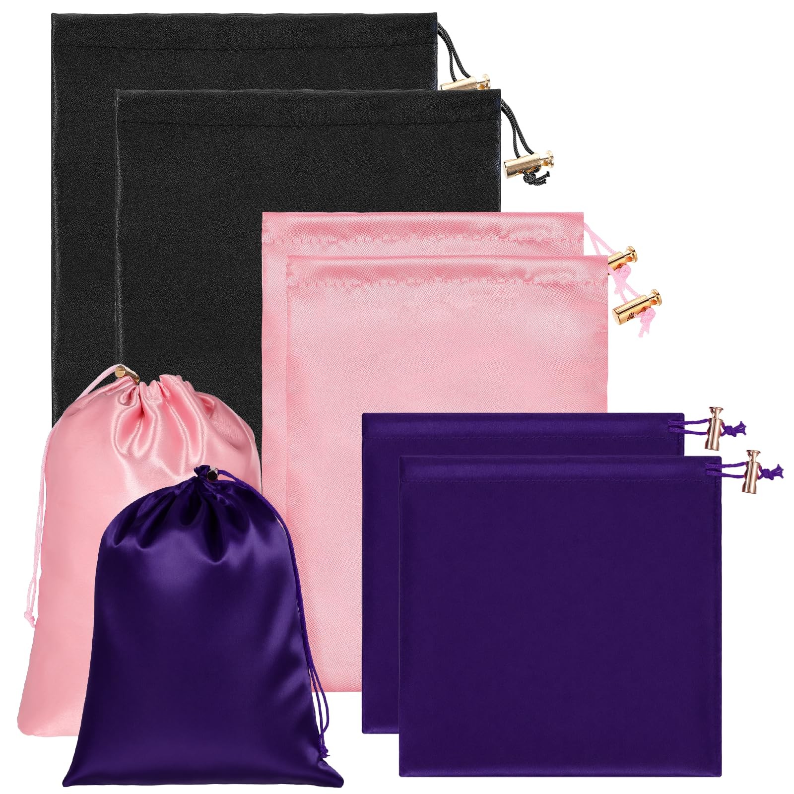 Toy Storage Bags, 6 Pcs Quality Satin Silk Drawstring Pouch Black Purple Pink