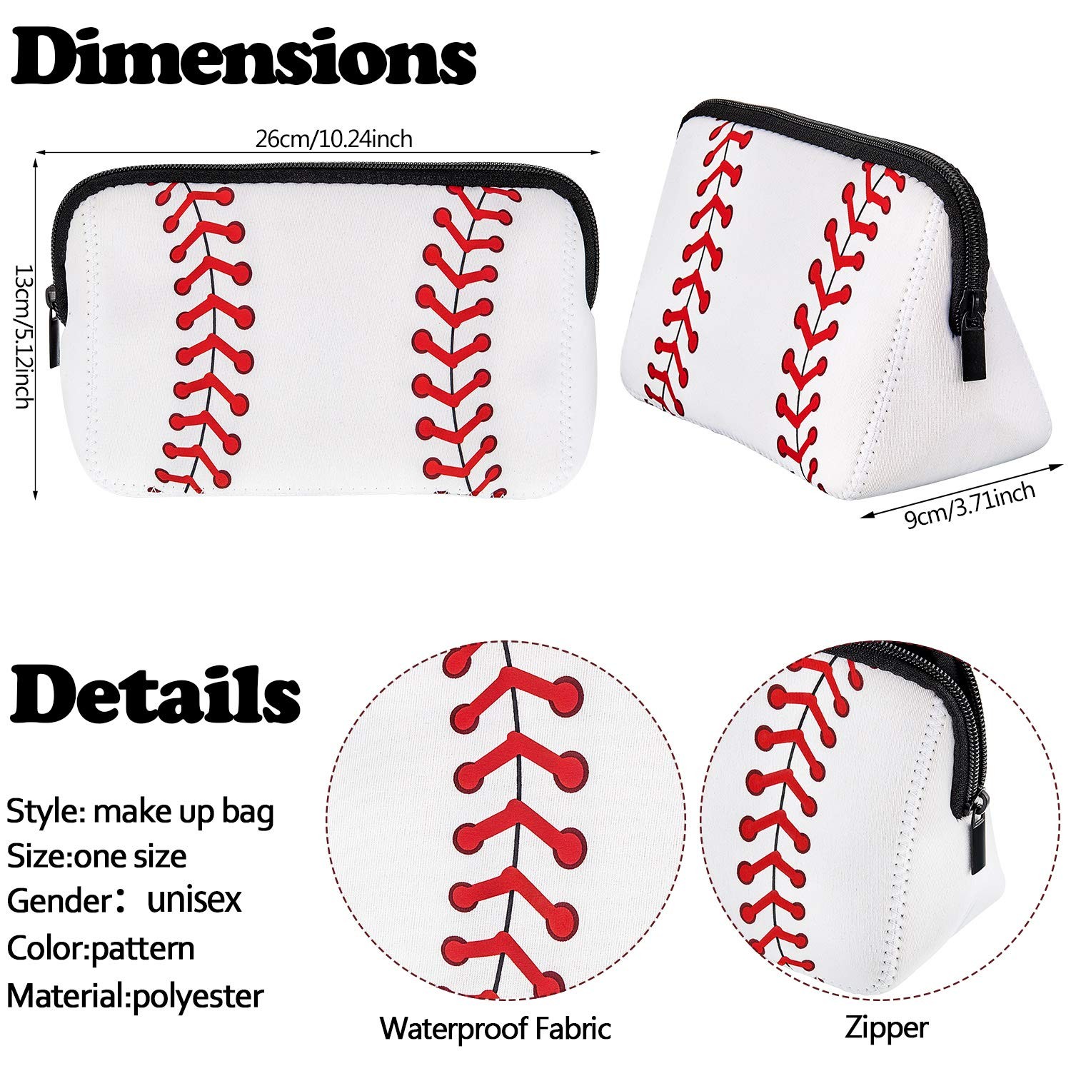 Boao 2pcs Small Baseball Makeup Bag Cosmetic 10.24 x 5.12 x 3.7 Inch, White