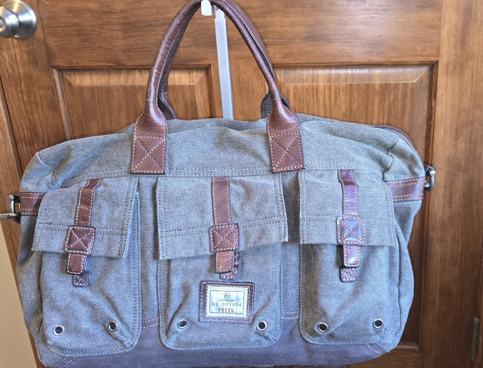Fossil Canvas Leather Duffle Bag Army Green Adjustable Removeable Strap