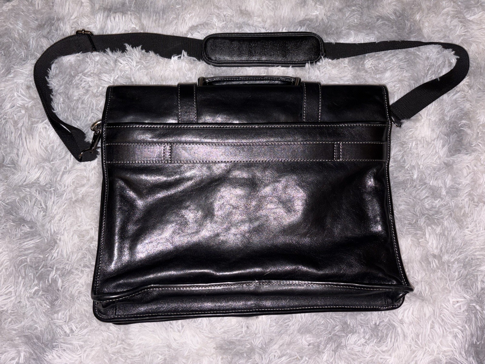 Floto Firenze Black Leather Buckle Strap Briefcase Messenger Bag Made In Italy