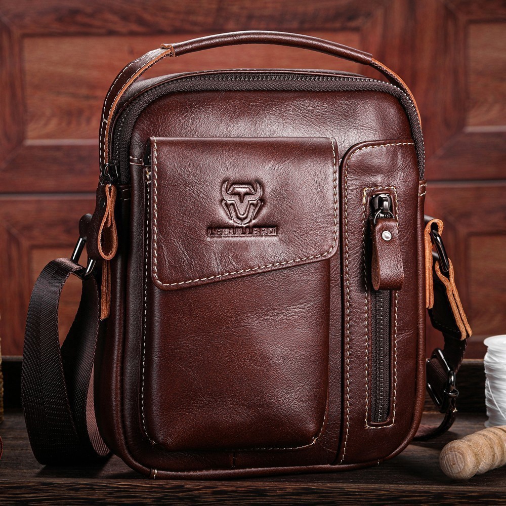 LEBULLBRO Mens Vintage Cowhide Shoulder Bag Durable Multi-pocket Sling Chest Bag