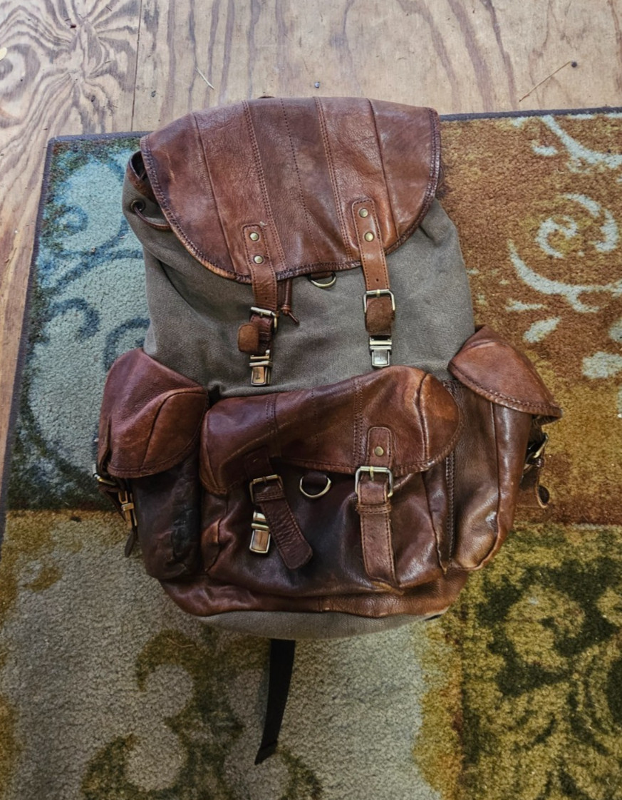 Vintage Distressed Brown Leather & Green Canvas Large Heavy Duty Backpack