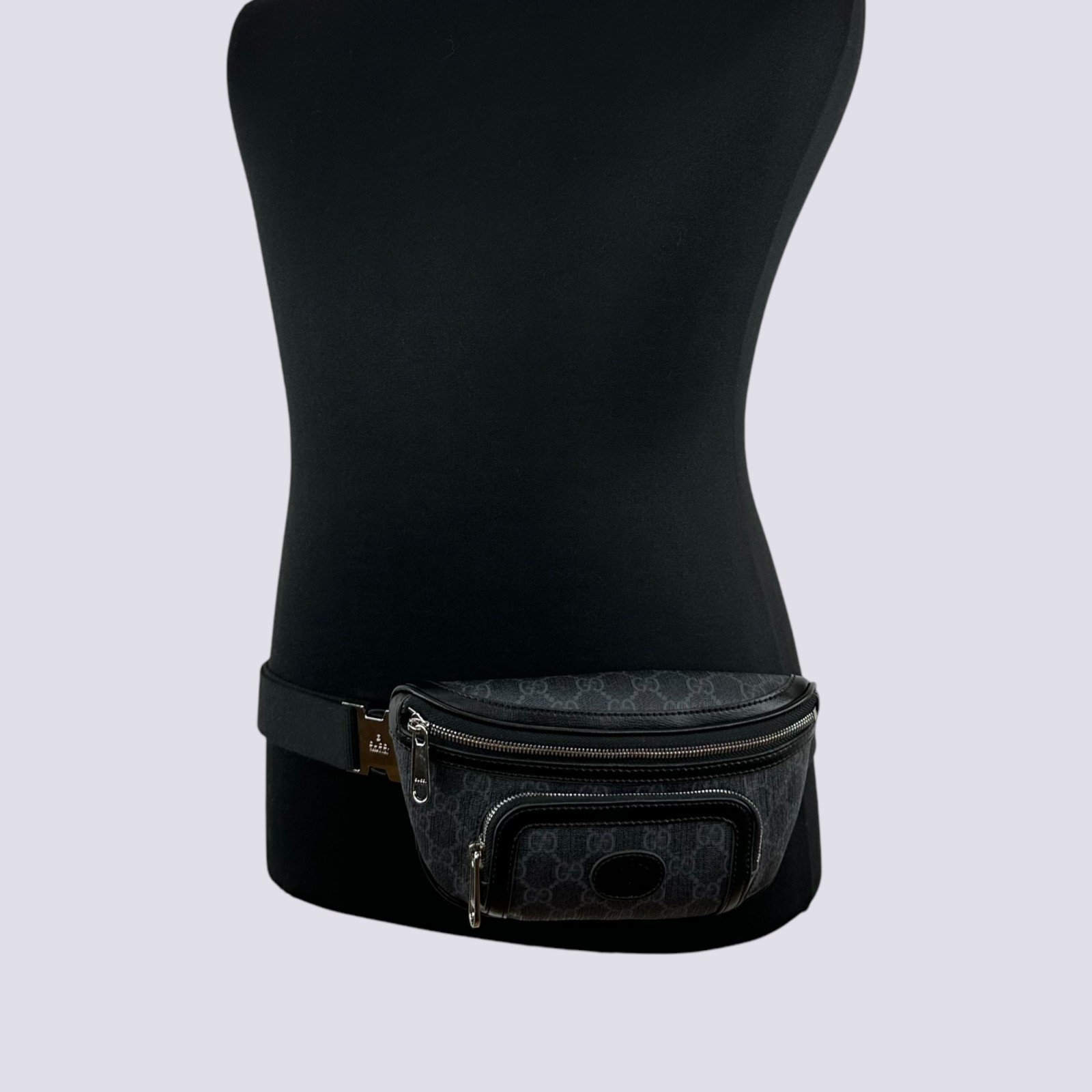 Gucci GG Monogram Logo Interlocking G Canvas Crossbody Belt Bag Black 682933