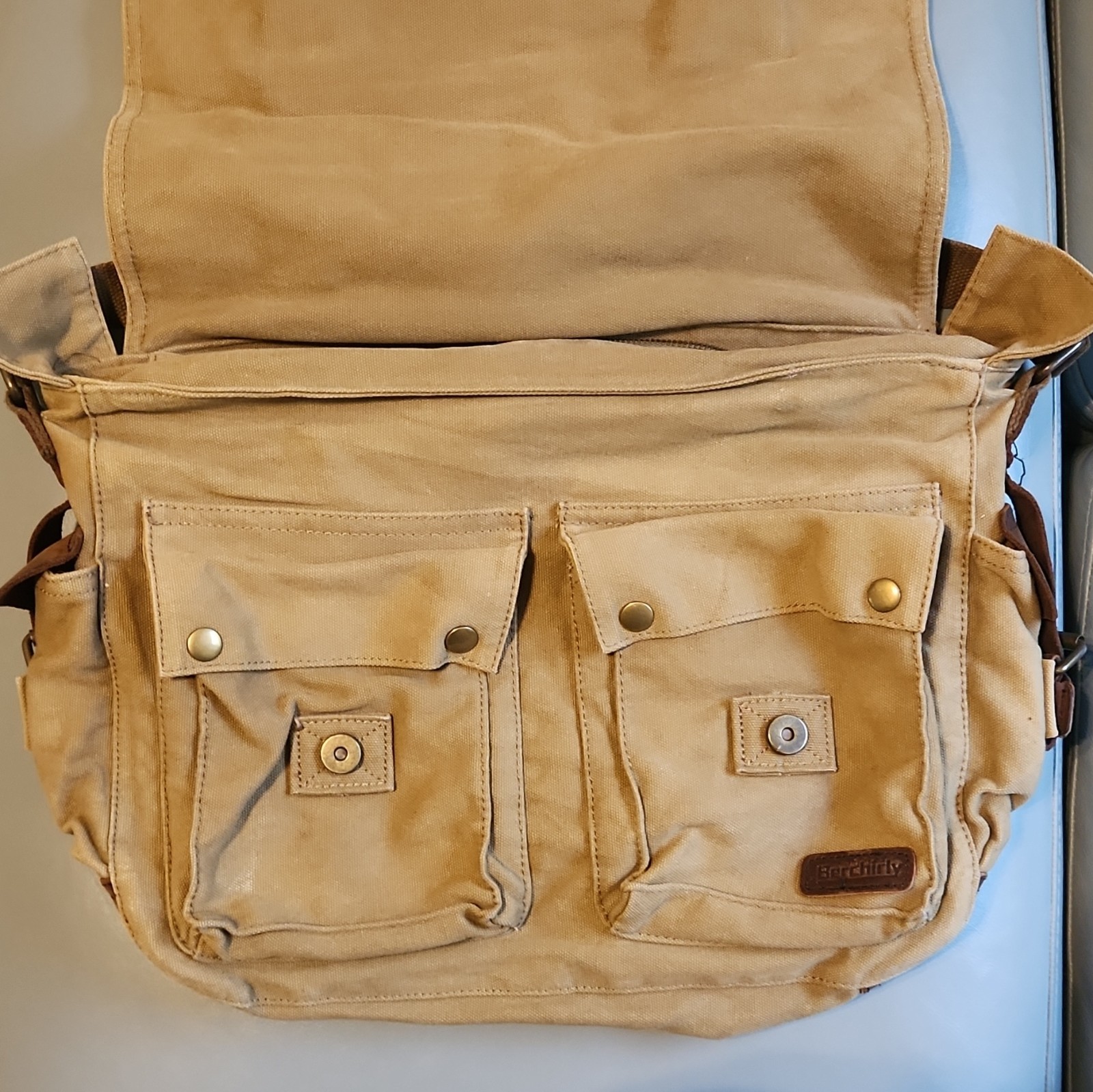 Berchirly Canvas Messenger Bag W/ Shoulder Strap. 6 pockets