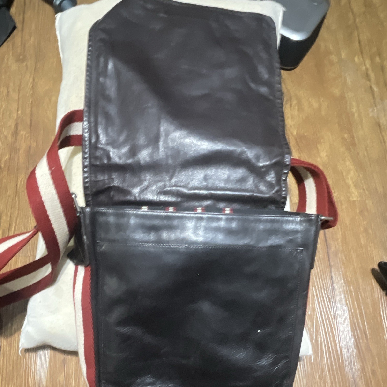 Bally Black Messenger Bag Red White Striped Crossbody Strap Adjustable