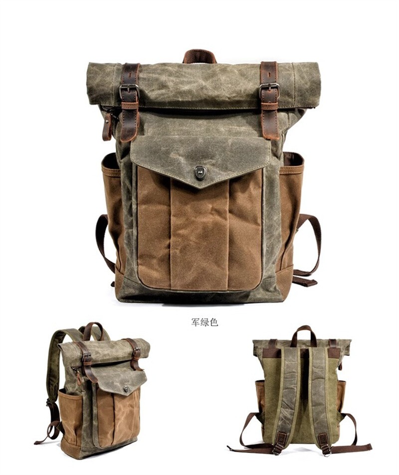 Men Retro Oil Wax Canvas Backpack Shoulder Bag Leisure Travel Knapsack