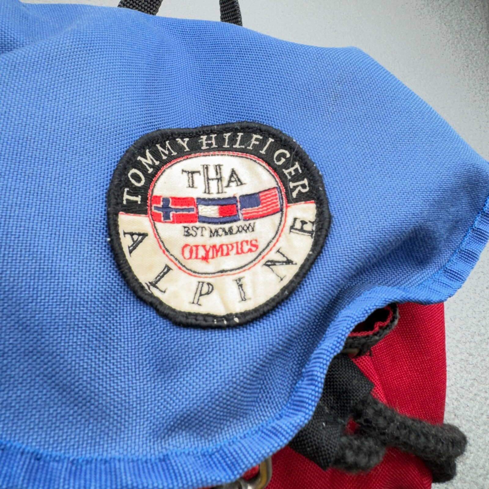 VINTAGE Tommy Hilfiger Backpack Red Blue 90s Alpine Olympics Patch Cinch Canvas