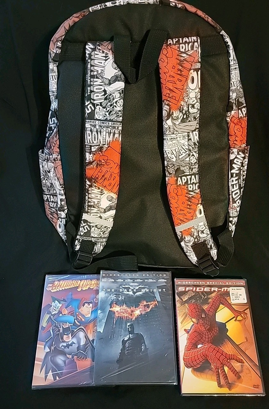 MARVEL COMIC BOOK BLACK WHITE COVER BACKPACK Plu 3 Sealed DVD Spiderman, BATMAN