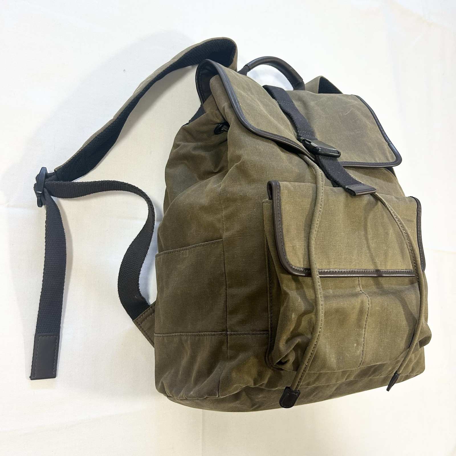 Fossil Buckner Canvas Olive/Khaki Brown Faux Leather Trim Rucksack Backpack Bag