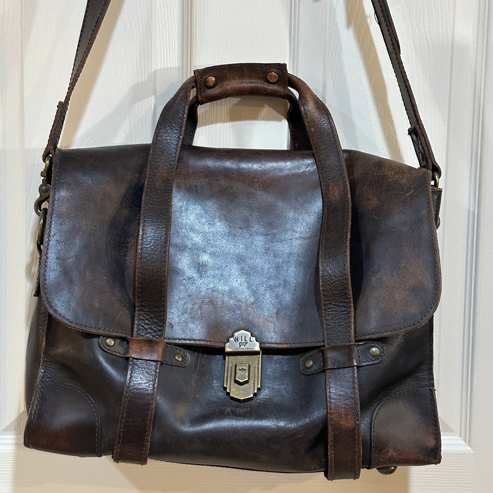 Will Leather Goods Brown Leather Messenger Bag Satchel Briefcase Brass Hardware