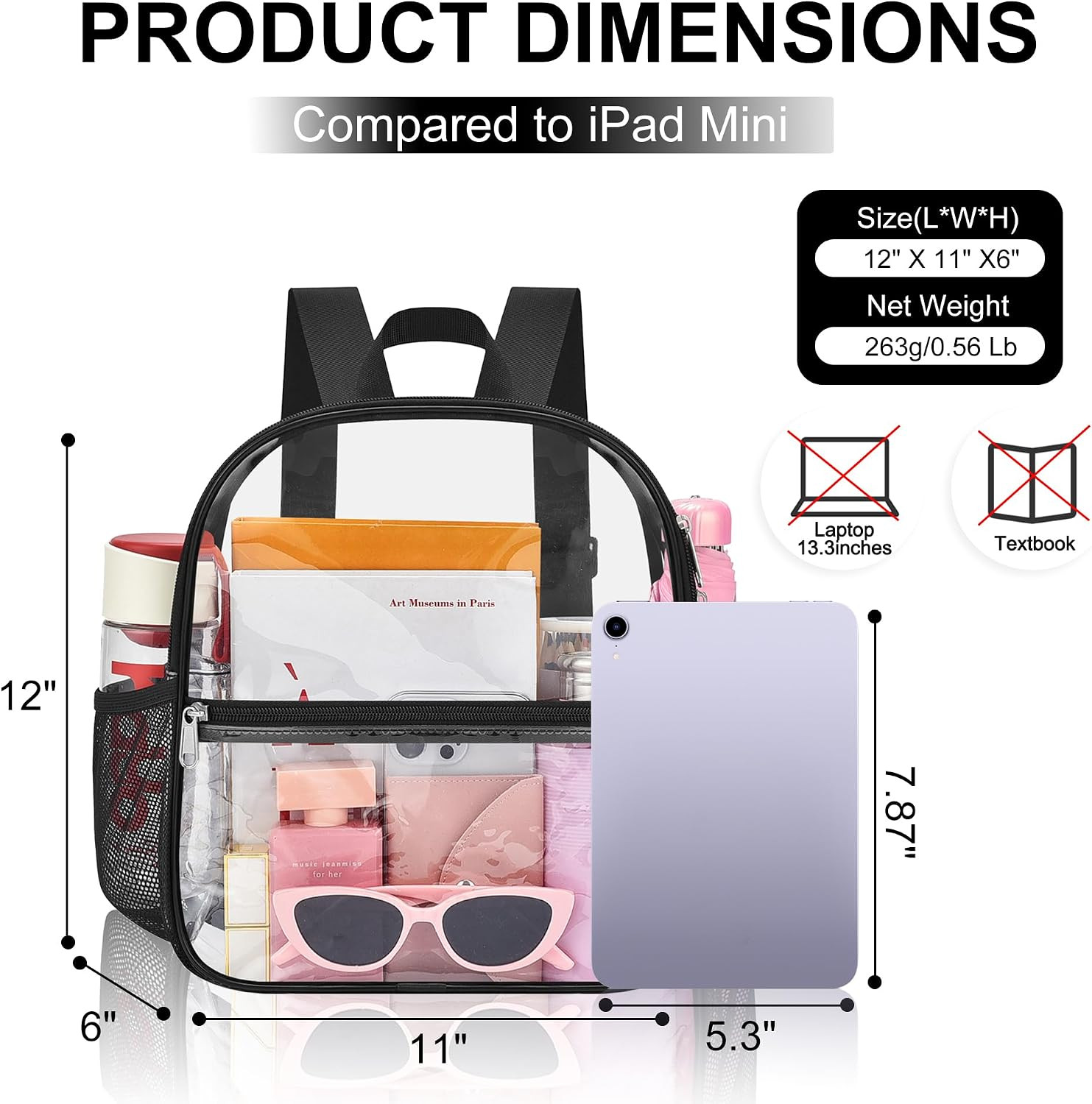 Small Clear Backpack Stadium Approved 12X11X6, Waterproof Clear Bag Stadium Back
