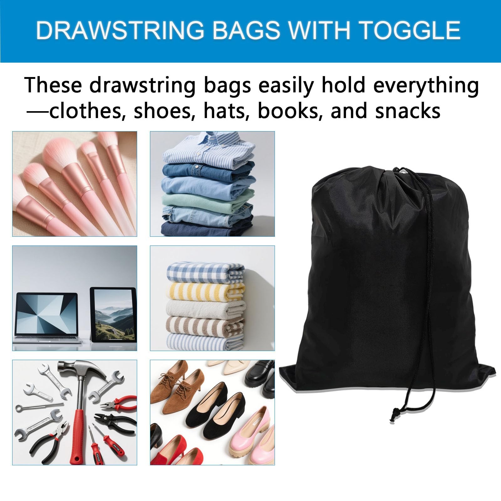 10-Pack Drawstring Bags with Toggle Closure – Lightweight & Durable Nylon Gym…