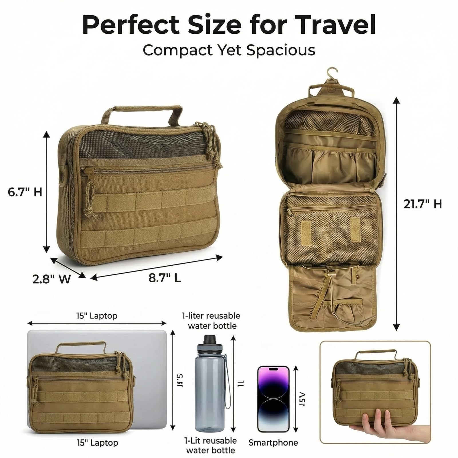 Brown Tactical Mens Toiletry Travel Bag Bathroom Organizer