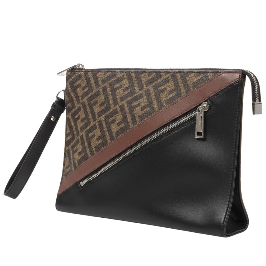 Fendi Diagonal Wrist Clutch Brown FF Zucca Logo Black Trim Luxury $1,250