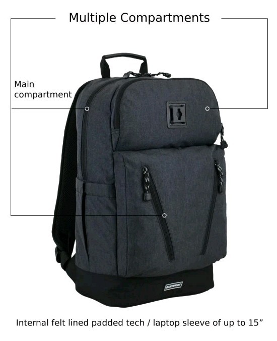 Eastsport Unisex Academic Backpack, 15″ laptop, Multi-compartments, Dark Grey