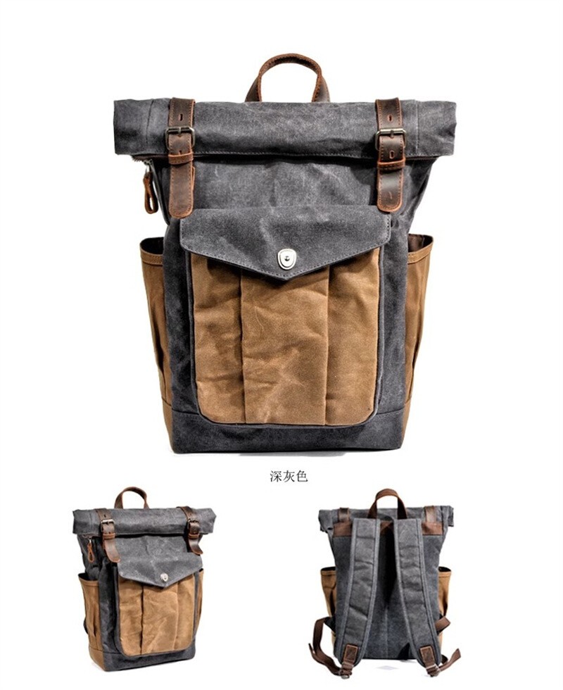 Men Retro Oil Wax Canvas Backpack Shoulder Bag Leisure Travel Knapsack