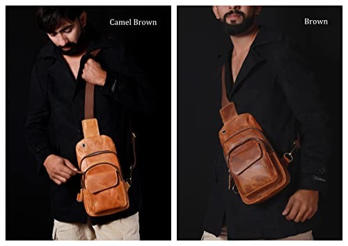 Handmade Buffalo Leather Travel Hiking Crossbody Chest Sling Small Camel Brown