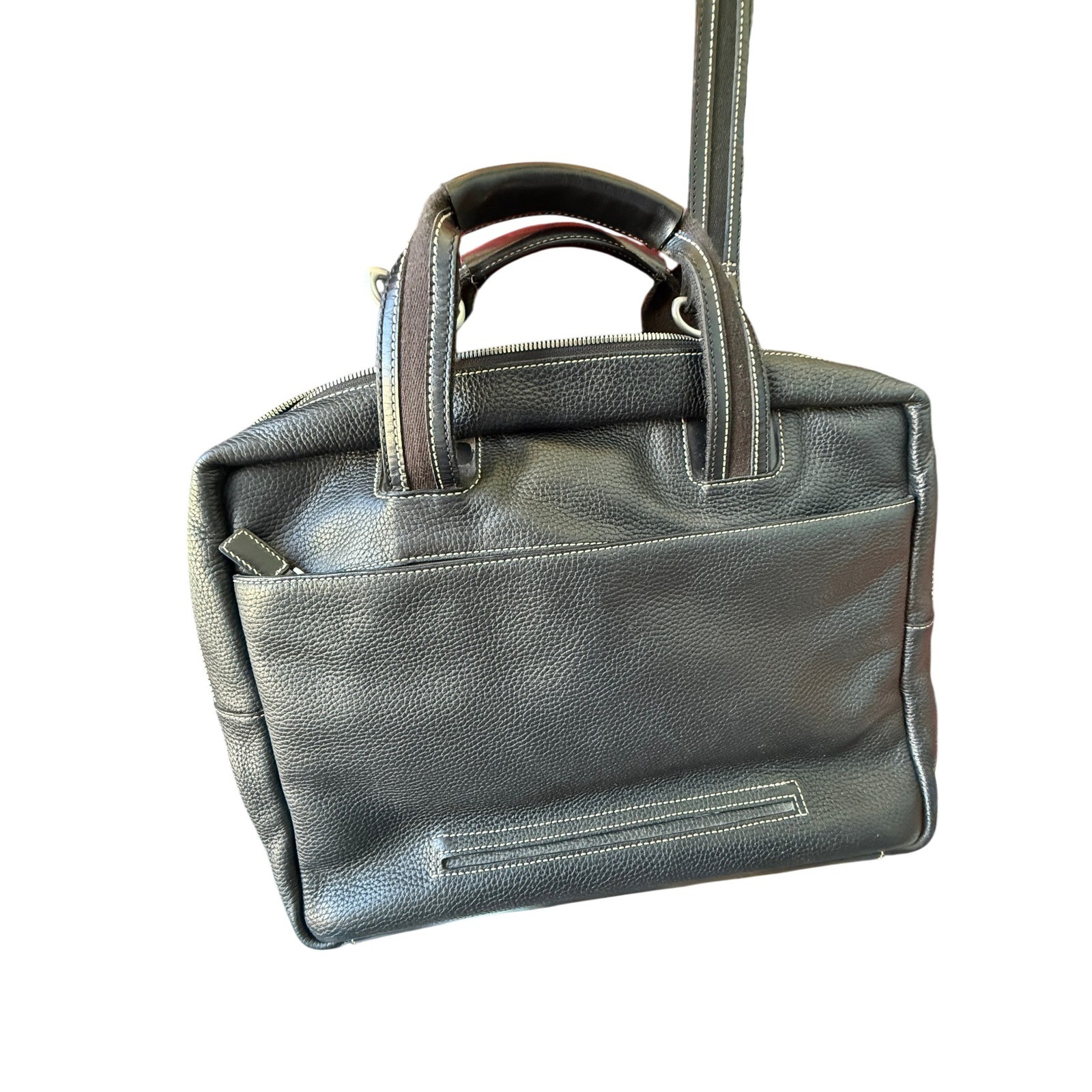 Cole Haan Black Pebbled Leather Briefcase Laptop Messenger Bag Contrast Stitch