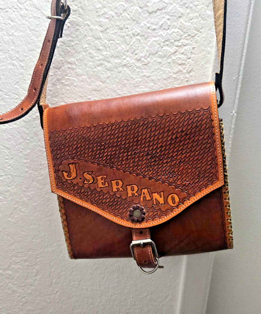 Vintage Handmade Tooled Leather Crossbody Messenger Bag Western J Serrano Brown