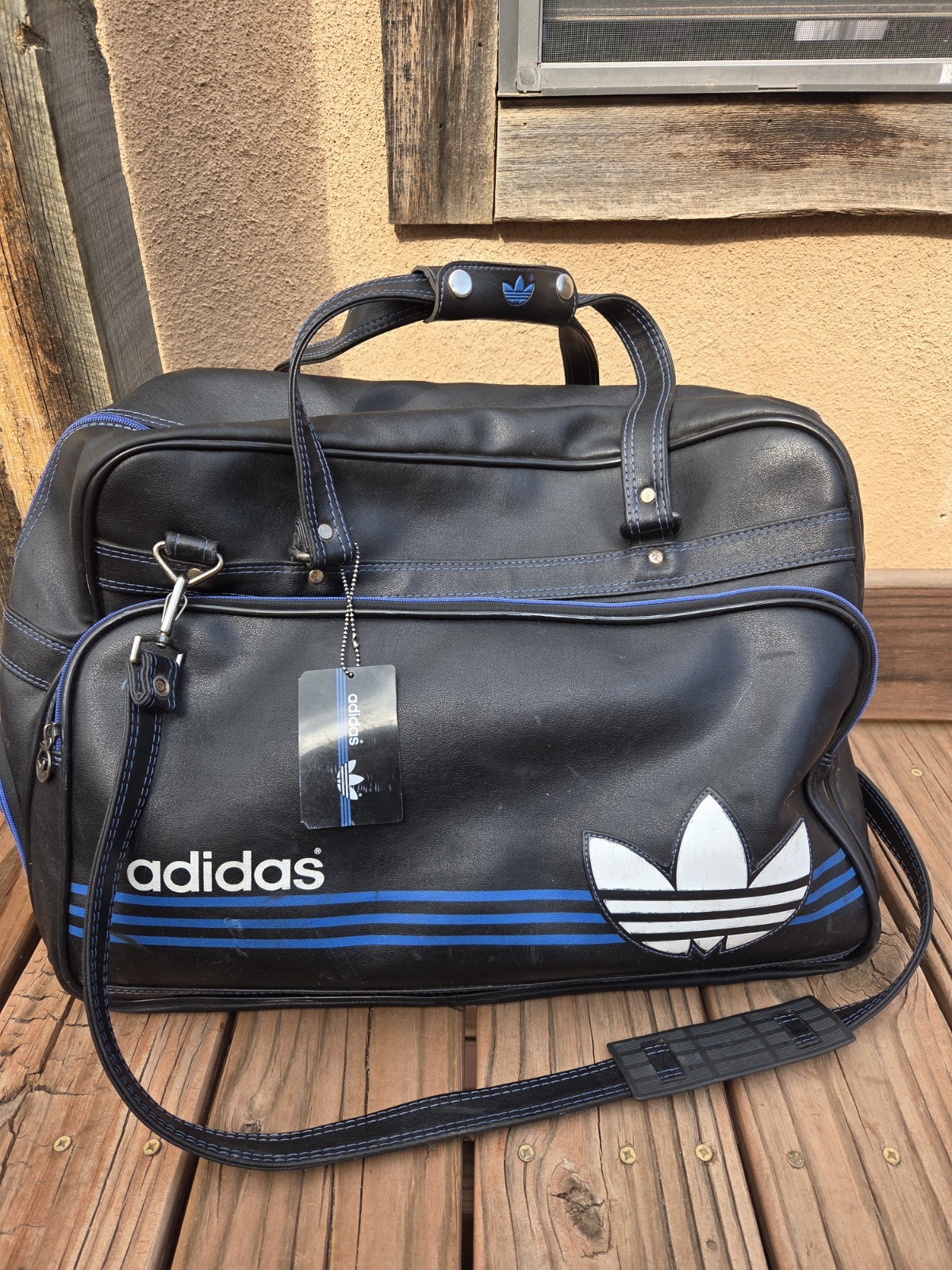 Adidas Vintage 80s Large Duffel Bag Black Blue White Trefoil Republic Of Korea