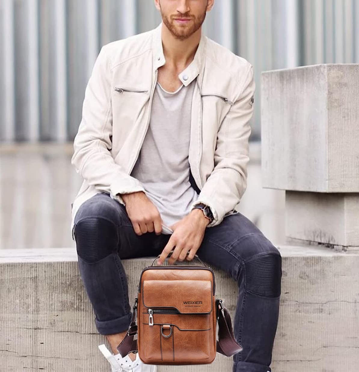 Zipper Buckle Leather Messenger Bag Vintage Handle Bags (Red-brown)