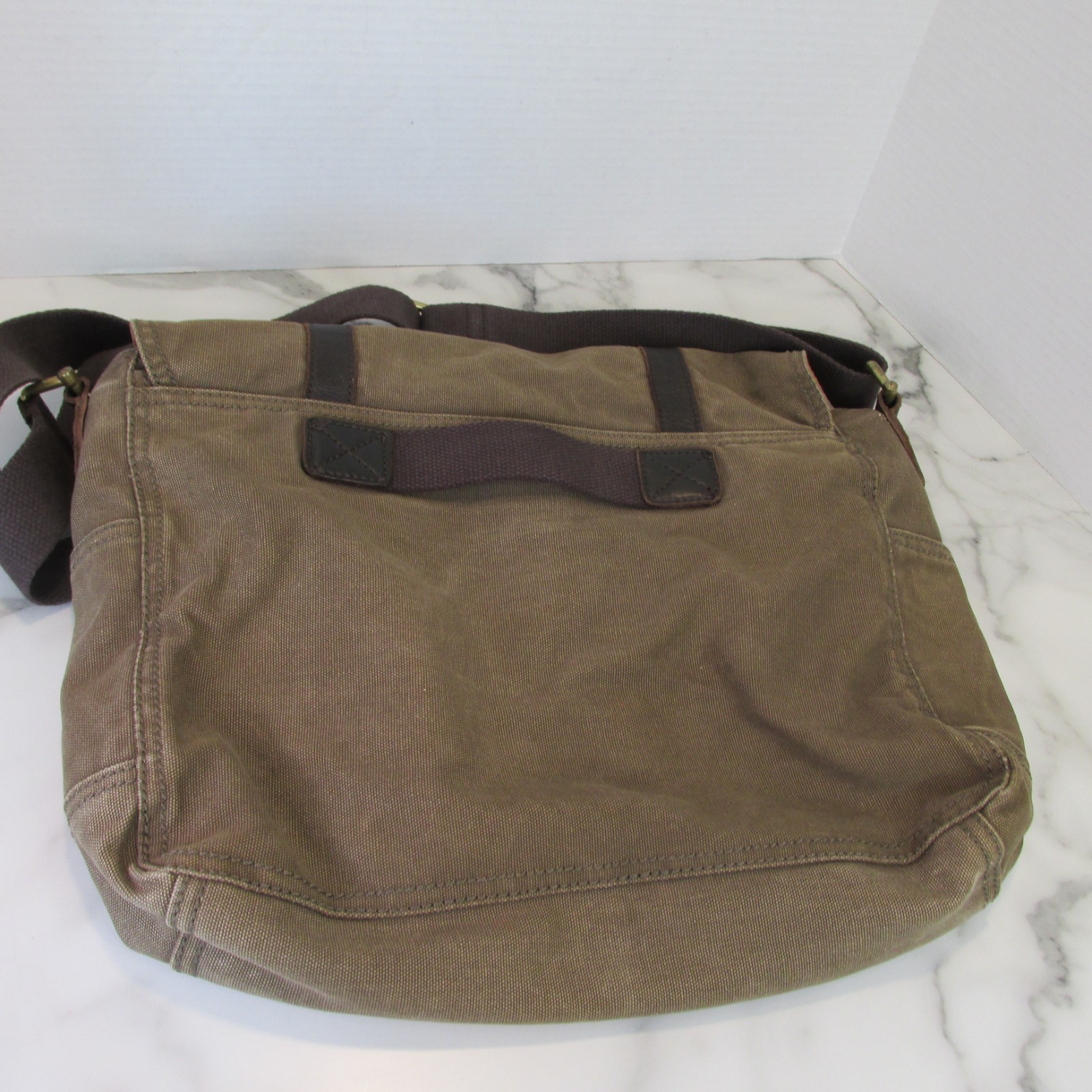 Fossil Estate Messenger Bag Olive Green Canvas Brown Leather Trim Crossbody