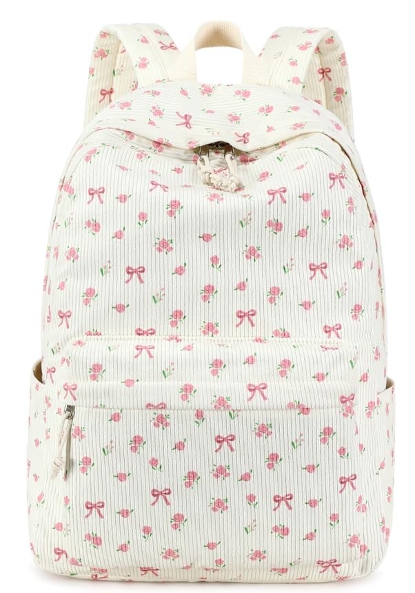 Pink Bow Floral Corduroy School Backpack 15.6 Inch Laptop Bag Women Teen Girl