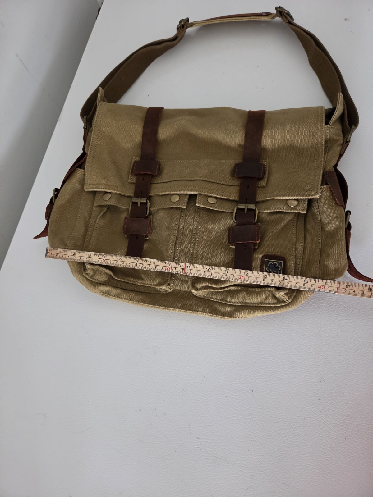 S.C. Cotton Canvas Messenger Laptop Bag Khaki Leather Trim Crossbody Satchel 17″