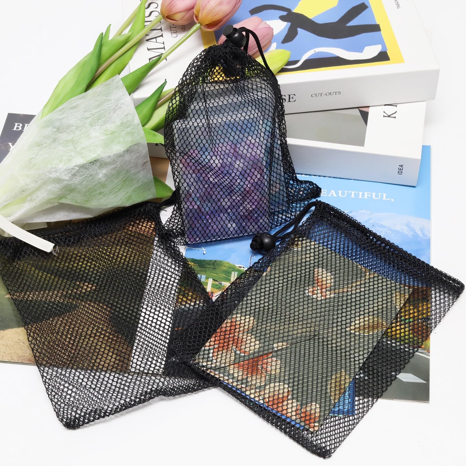 12Pcs 6×8 Inch Mesh Drawstring Bags with Cord Lock Black Mesh Storage Bags
