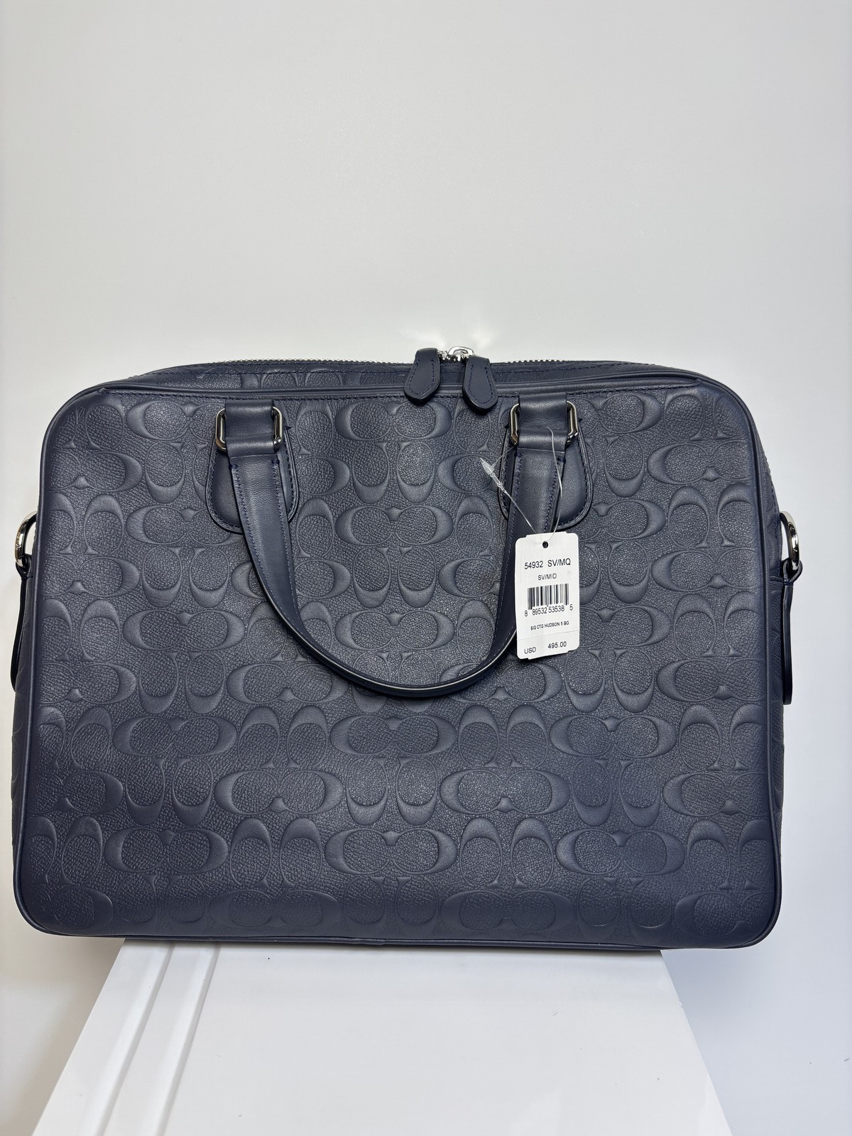 Coach Hudson Laptop Bag Mens Navy Embossed Leather Briefcase Signature 54932 New