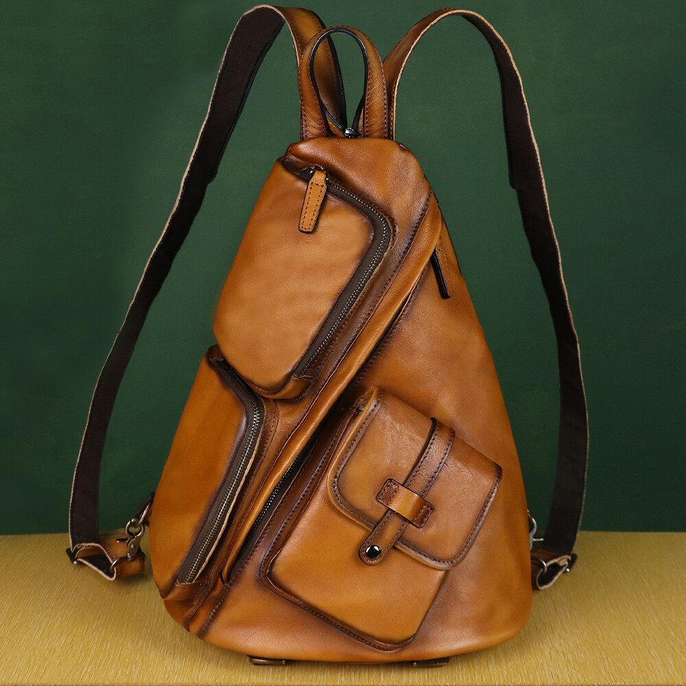 Genuine Leather Men Large Sling Bag Crossbody Bag Real Leather Backpack Purses